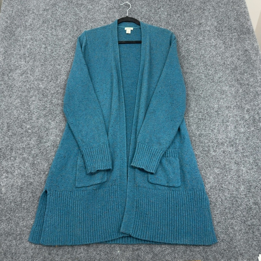 L.L. Bean Cardigan Womens L Blue Cotton Wool Blend Longline Open Front Casual